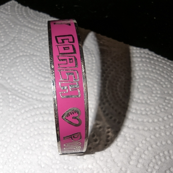 Coach Logo Pink Enamel Poppy Bangle Silver Tone Bracelet - Picture 1 of 4